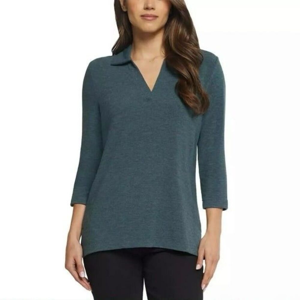 Matty M Women's The Johnny Collar Polo Top, Heather Teal, Size Medium